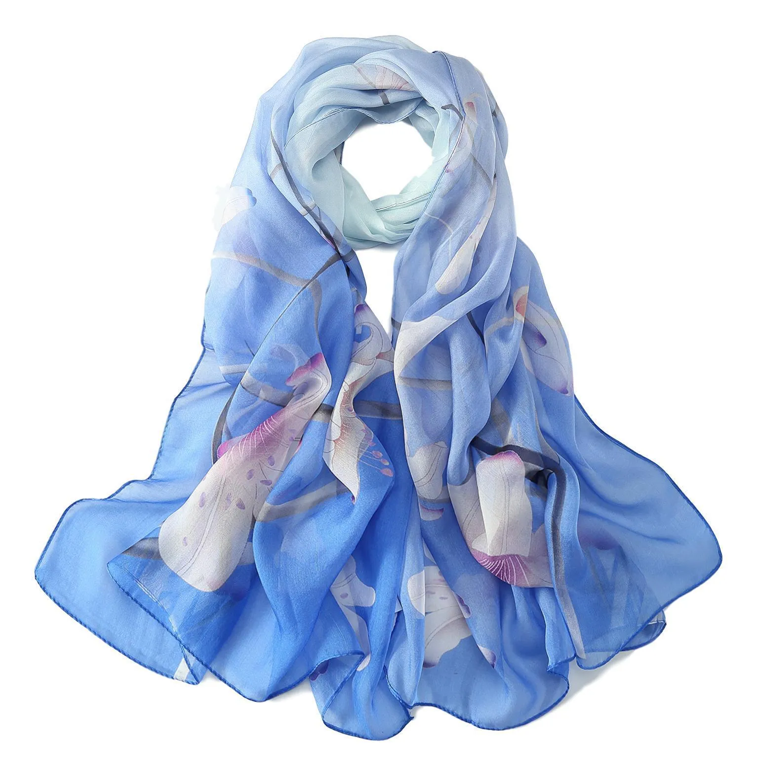 Long Silk Chiffon Scarf Blue Theme Floral Print SCH303