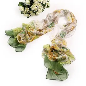 Long Silk Chiffon Scarf Green Theme Floral Print SCH040