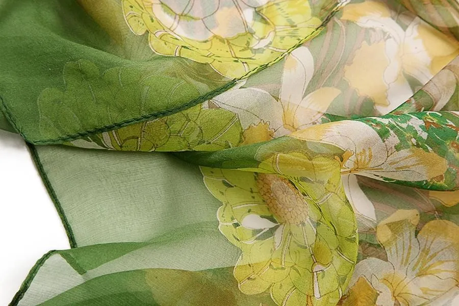 Long Silk Chiffon Scarf Green Theme Floral Print SCH040