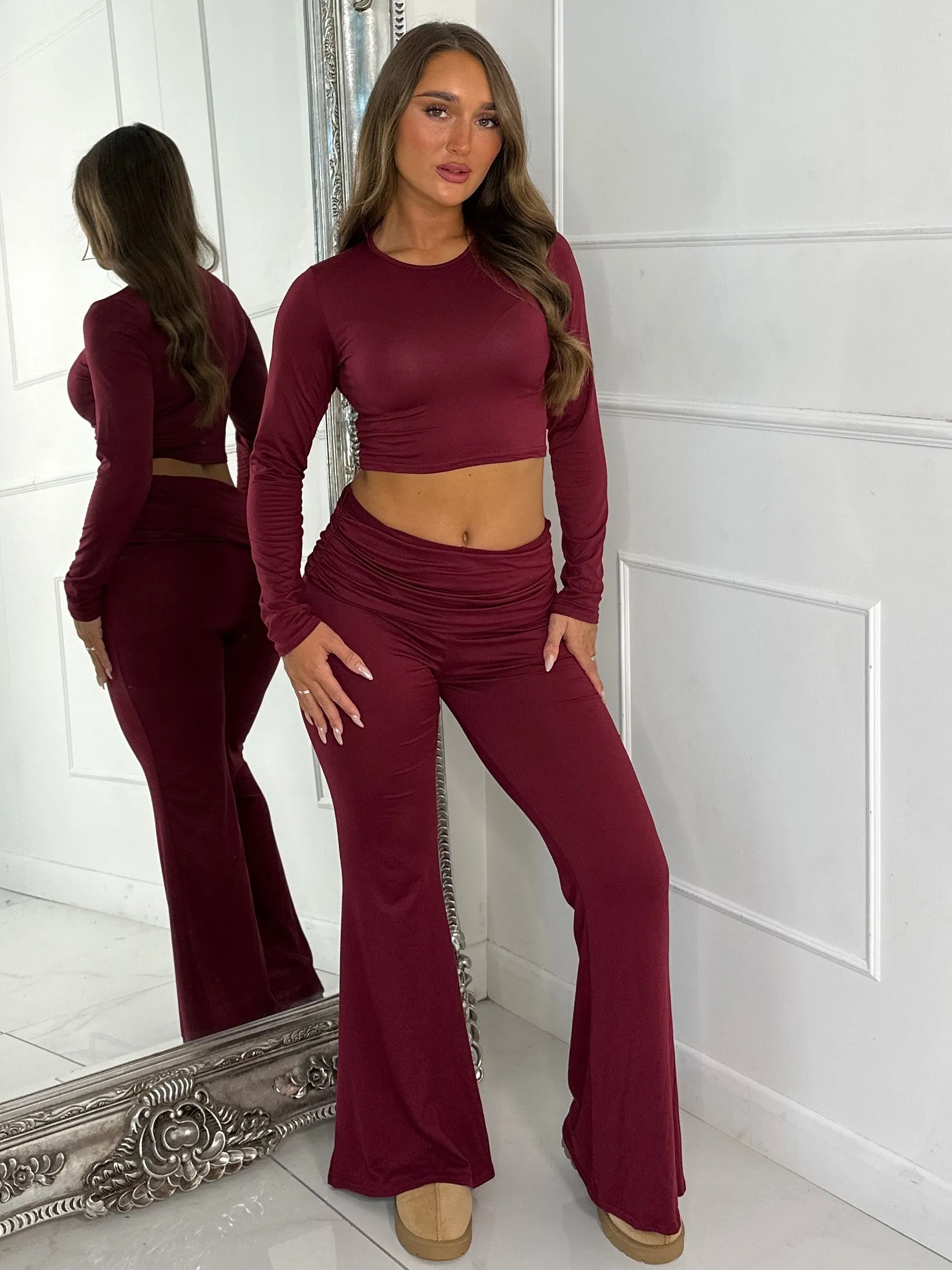 Long Sleeve Top & Fold Over Flared Co-ord - Wine