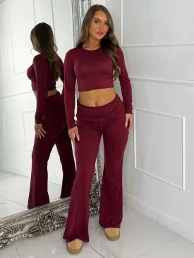 Long Sleeve Top & Fold Over Flared Co-ord - Wine