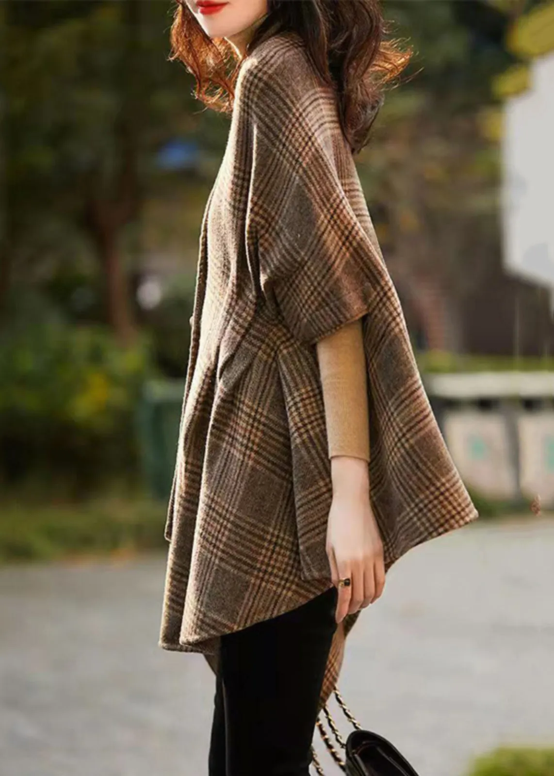 Loose Plaid V Neck Button Patchwork Cotton Coat Half Sleeve LY9636