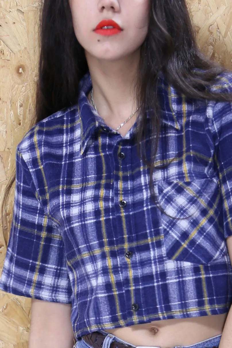 LOOT LABEL Blue Checked Flannel Cropped Shirt