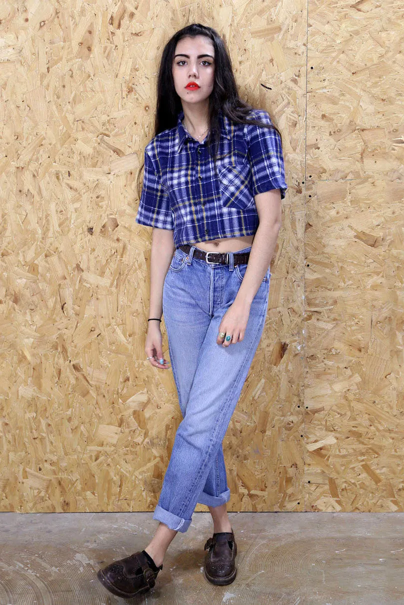 LOOT LABEL Blue Checked Flannel Cropped Shirt