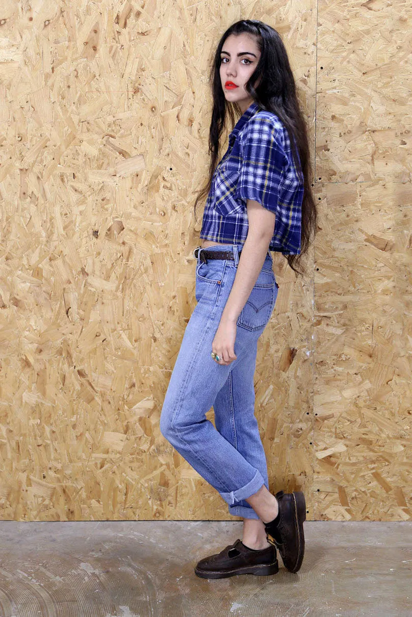 LOOT LABEL Blue Checked Flannel Cropped Shirt