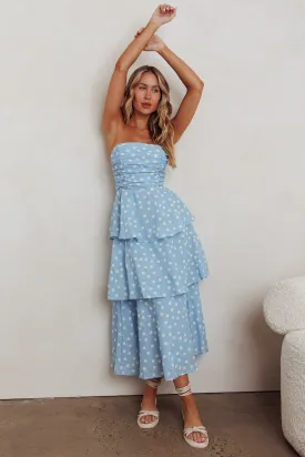 Lorcan Strapless Ruffle Dotted Midi Dress Blue