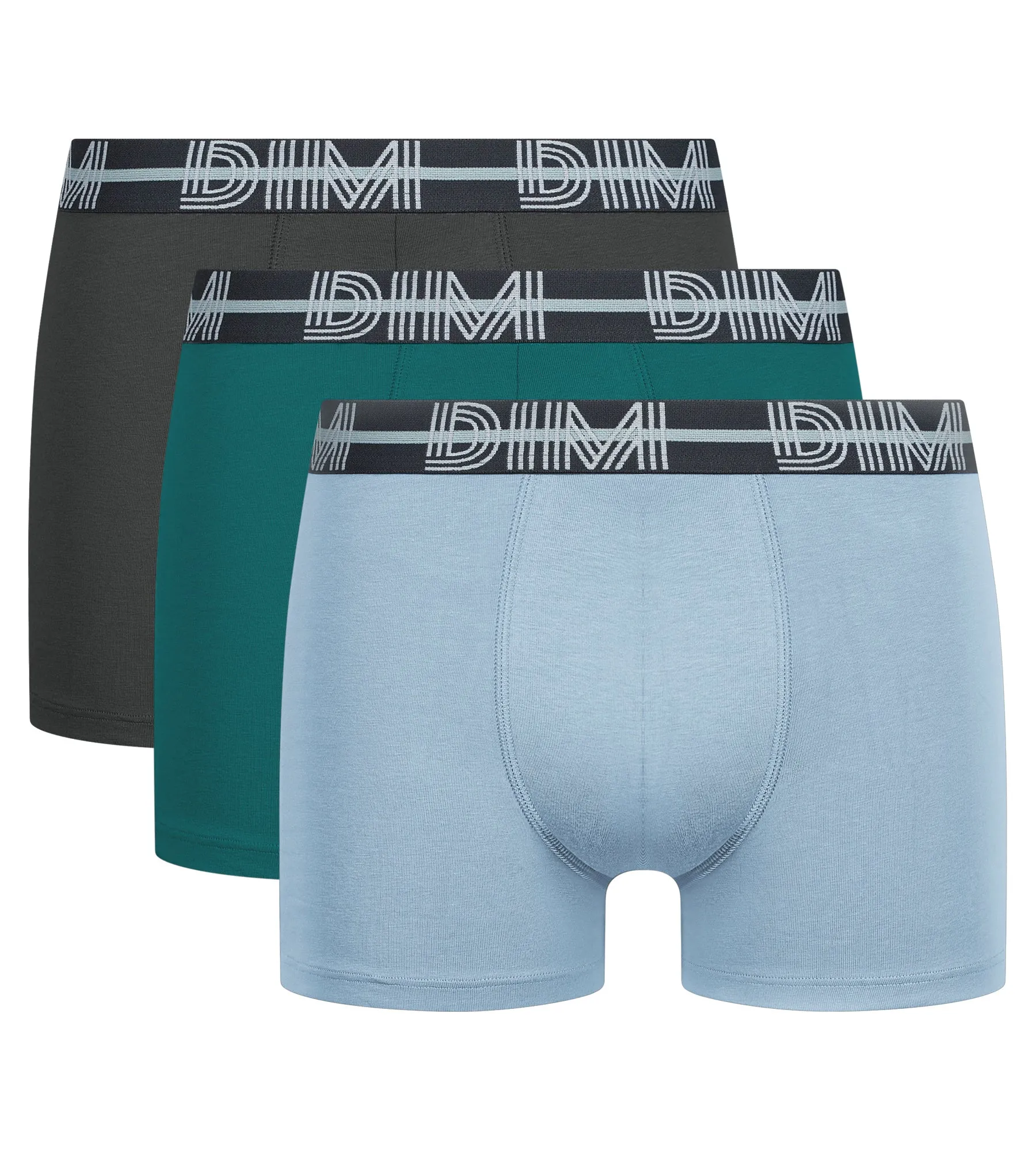 Lot de 3 boxers coton stretch à ceinture 3D Gris Bleu Vert Powerful