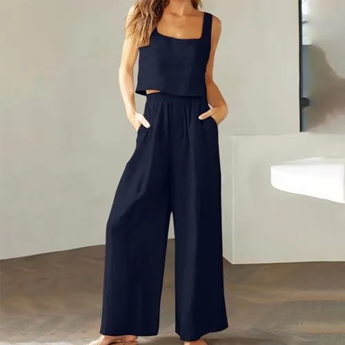 Lounge Set Tracksuit Womens Full Set Summer Ladies Leisure Wear Two Piece Outfit Women Summer Coord Outfit Women Summer Clothes for Women Sleeveless Tank Crop Top & Capri Wide Leg Pants Navy