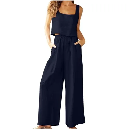 Lounge Set Tracksuit Womens Full Set Summer Ladies Leisure Wear Two Piece Outfit Women Summer Coord Outfit Women Summer Clothes for Women Sleeveless Tank Crop Top & Capri Wide Leg Pants Navy