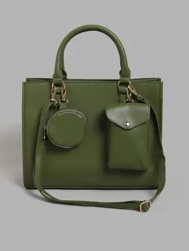 LOV Plain Olive Green Satchel Bag with Phone Bag & Pouch