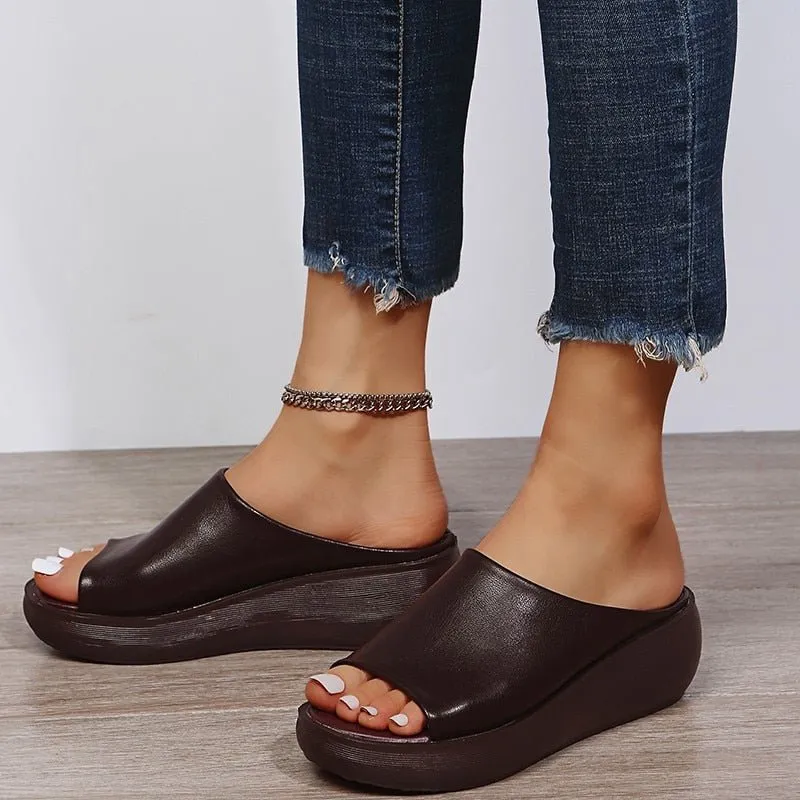 Lovely Leather Peep Toe Wedge Sandal Shoes