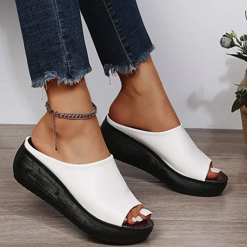 Lovely Leather Peep Toe Wedge Sandal Shoes