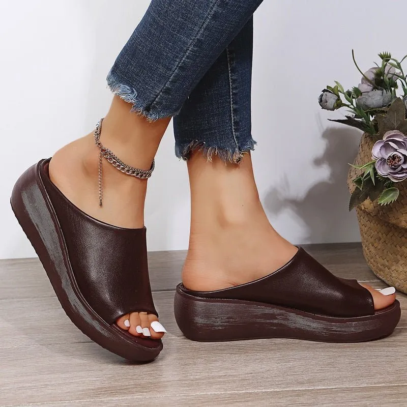 Lovely Leather Peep Toe Wedge Sandal Shoes