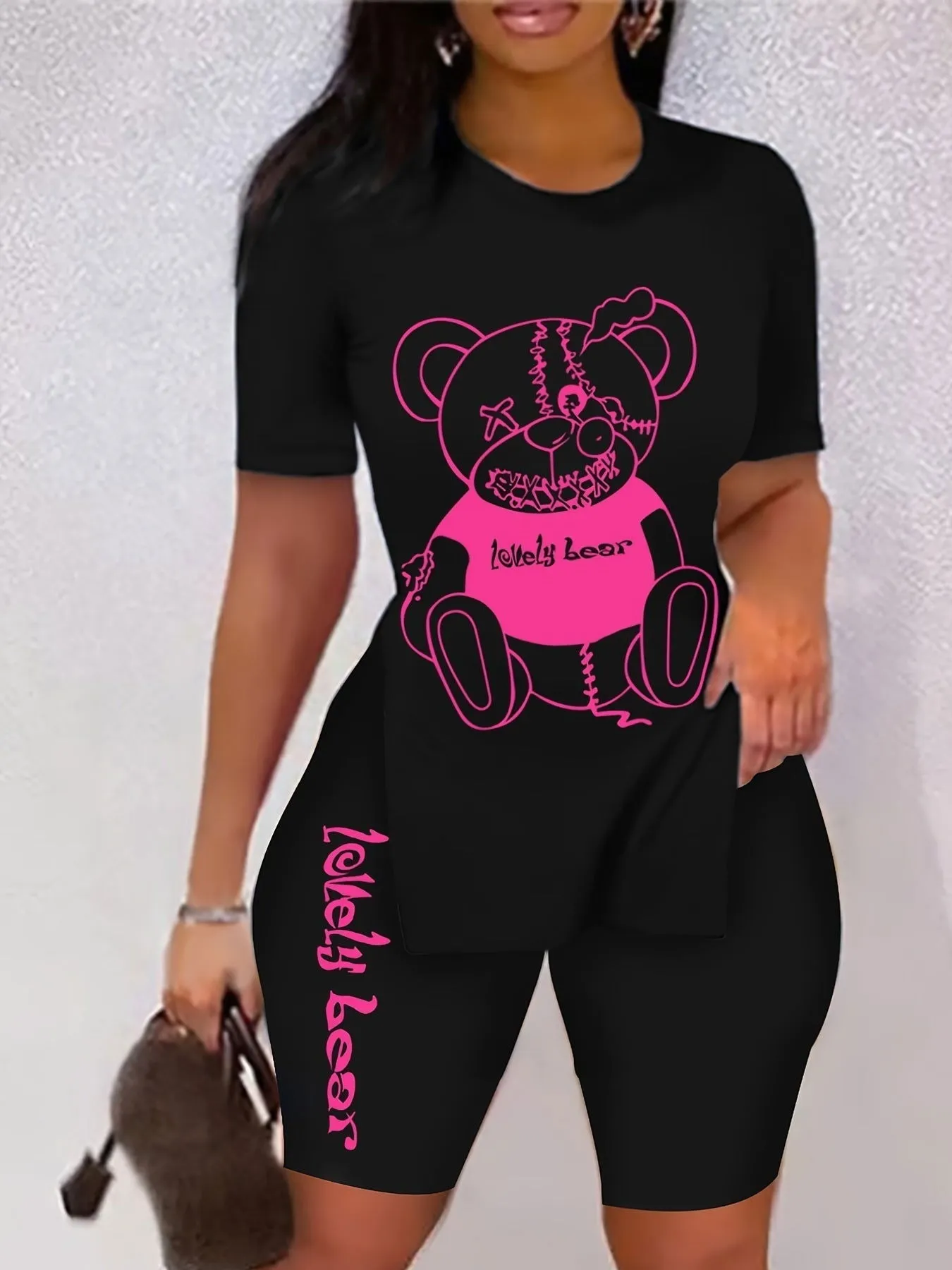 Lover Bear Motif Short Sleeve T-Shirt & Shorts