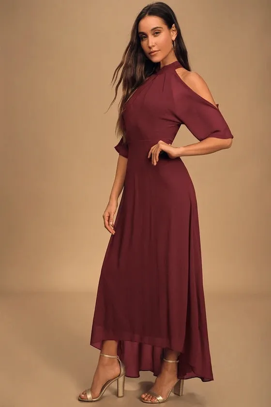 Loving Moment Burgundy Cold-Shoulder Cutout Halter Maxi Dress