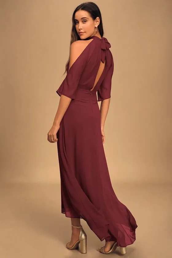 Loving Moment Burgundy Cold-Shoulder Cutout Halter Maxi Dress