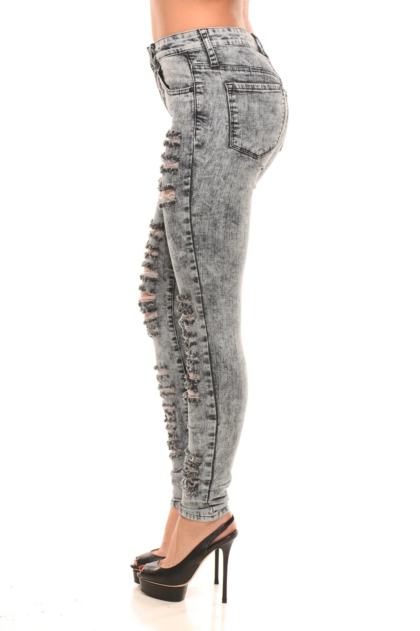 Low Rise Black Acid Wash Distressed Skinnies