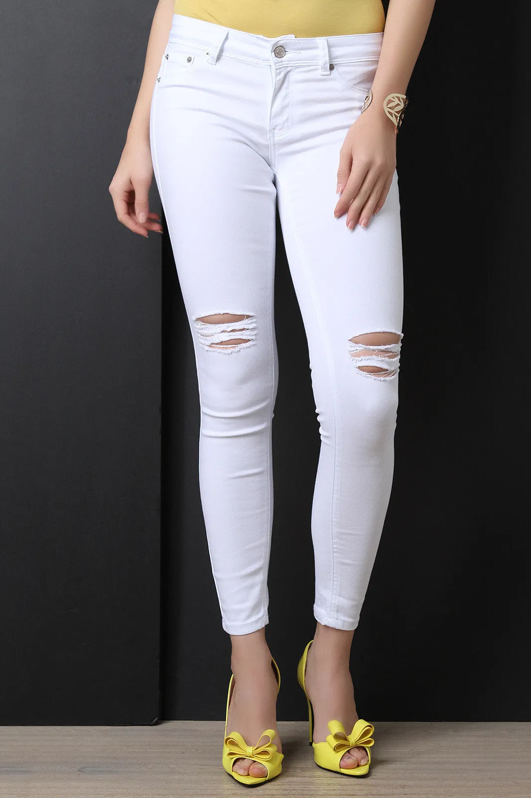 Low Rise Distress Knees Skinny Jeans