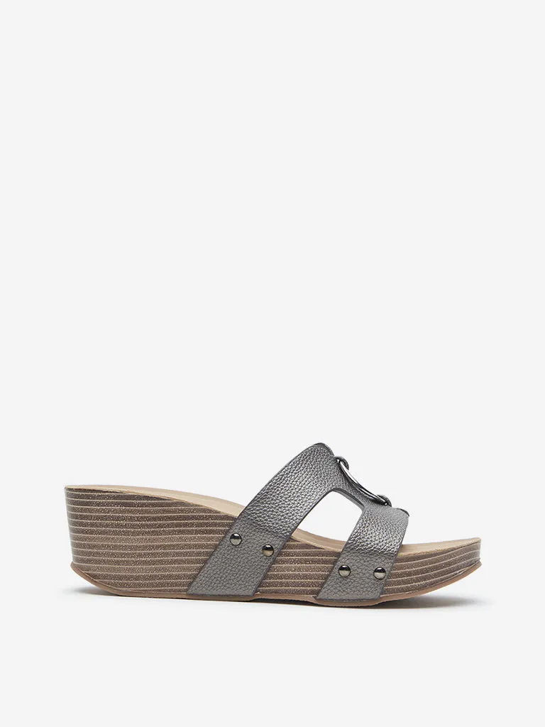 LUNA BLU Dark Grey Metal-Detailed Wedge-Heel Sandals