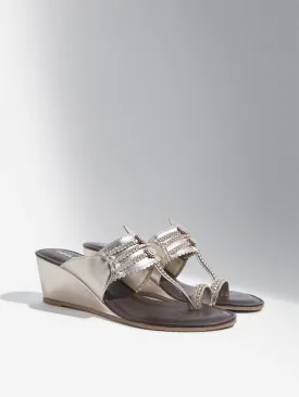 LUNA BLU Dull Gold Wedge Heel Kolhapuri Sandals