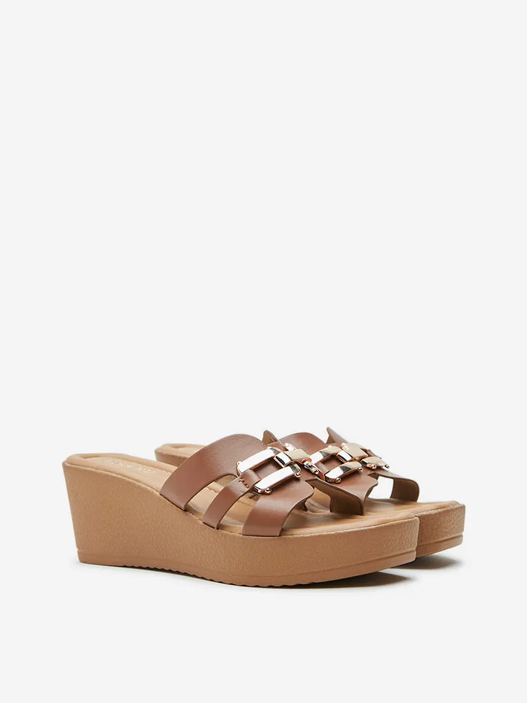 LUNA BLU Tan Metal-Detailed Wedge Heel Sandals