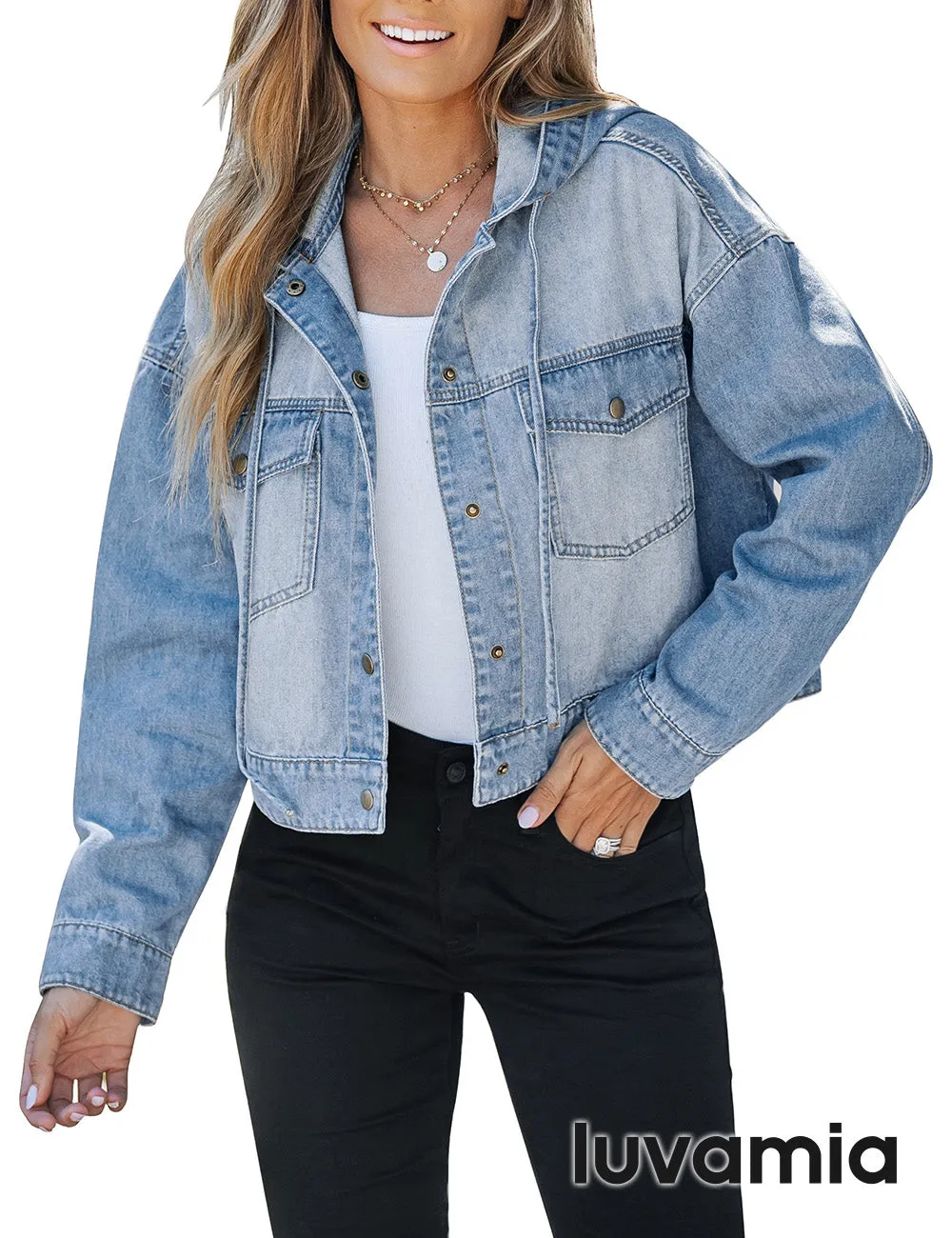 luvamia Denim Jacket for Women Hooded Lightweight Cropped Jean Jacket Oversized Button Down Shacket Trendy Fashion