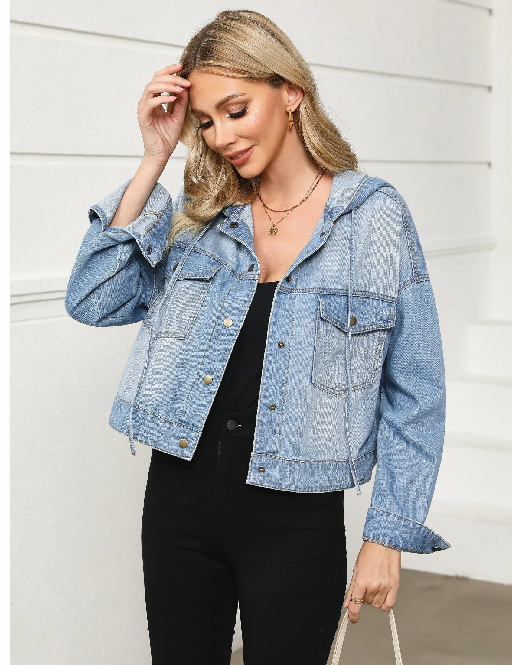 luvamia Denim Jacket for Women Hooded Lightweight Cropped Jean Jacket Oversized Button Down Shacket Trendy Fashion