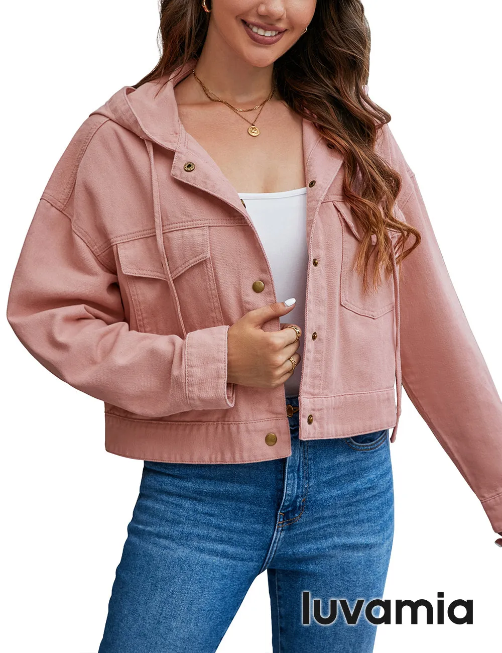 luvamia Denim Jacket for Women Hooded Lightweight Cropped Jean Jacket Oversized Button Down Shacket Trendy Fashion