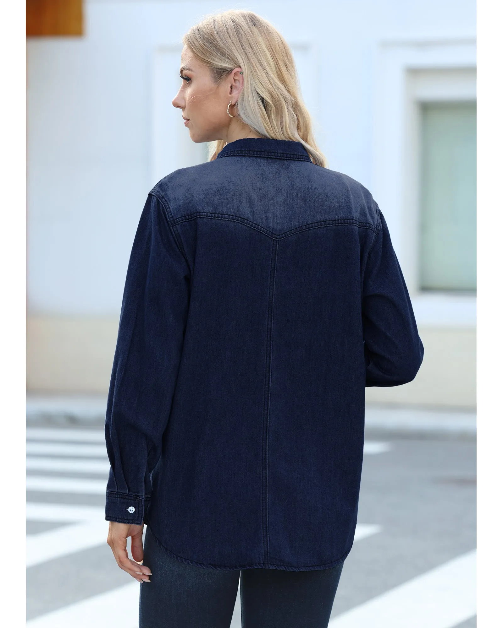 luvamia Long Denim Jacket for Women Lightweight Trendy Jean Button Down Shirts Jackets Oversized Shackets with Pockets