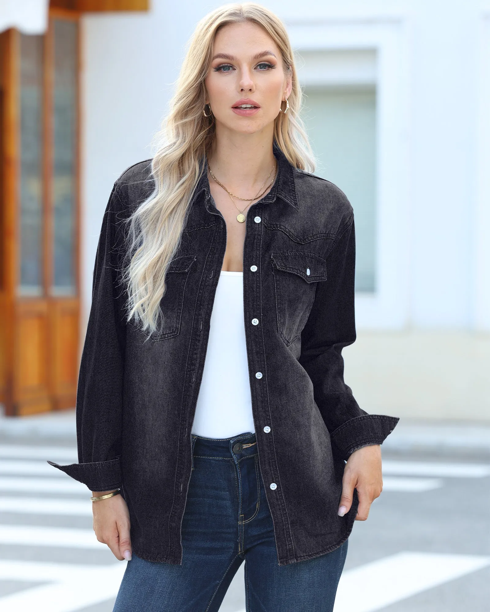 luvamia Long Denim Jacket for Women Lightweight Trendy Jean Button Down Shirts Jackets Oversized Shackets with Pockets