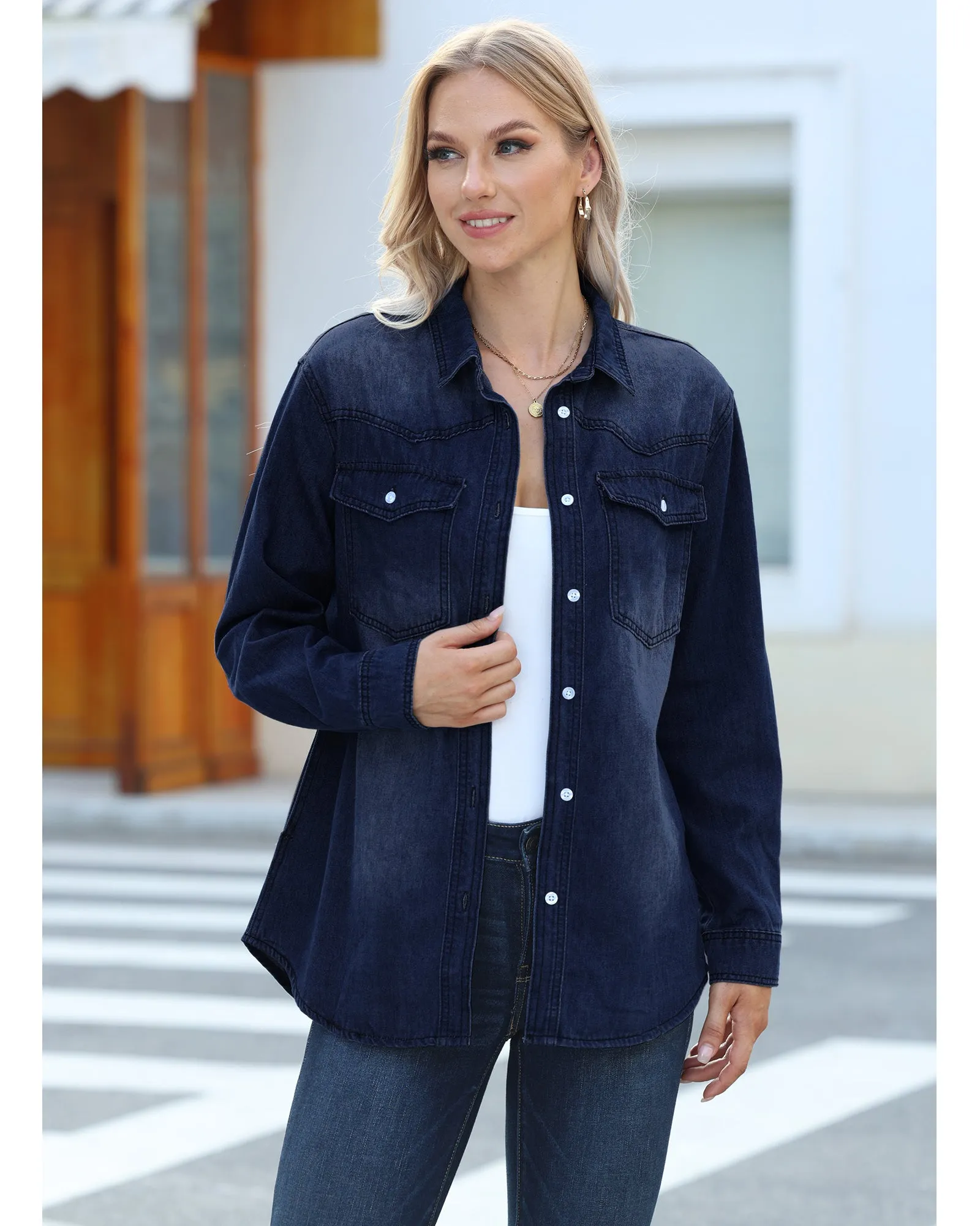 luvamia Long Denim Jacket for Women Lightweight Trendy Jean Button Down Shirts Jackets Oversized Shackets with Pockets