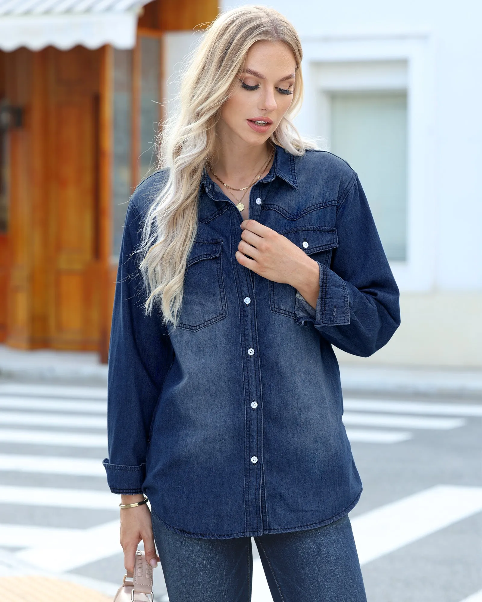 luvamia Long Denim Jacket for Women Lightweight Trendy Jean Button Down Shirts Jackets Oversized Shackets with Pockets