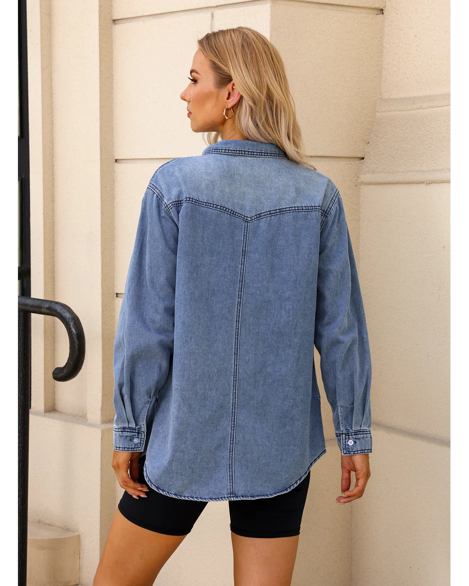 luvamia Long Denim Jacket for Women Lightweight Trendy Jean Button Down Shirts Jackets Oversized Shackets with Pockets