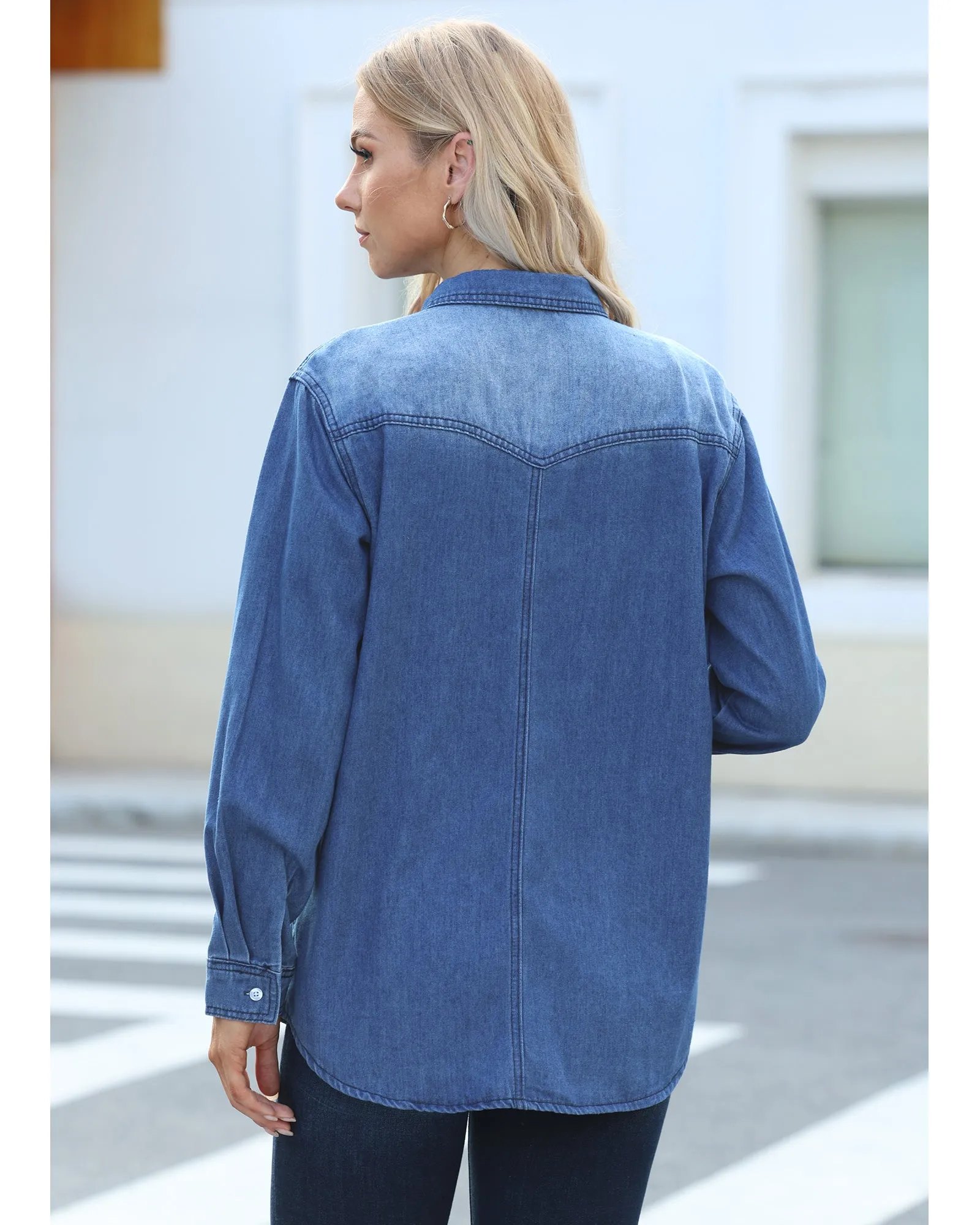 luvamia Long Denim Jacket for Women Lightweight Trendy Jean Button Down Shirts Jackets Oversized Shackets with Pockets