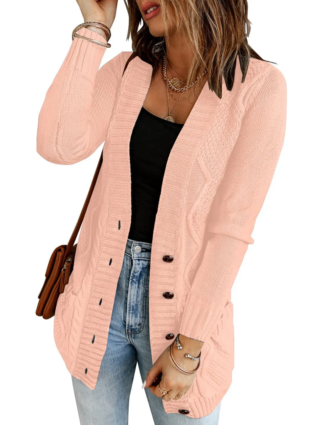 luvamia Womens Long Sleeve Open Front Buttons Cable Knit Pocket Sweater Cardigan