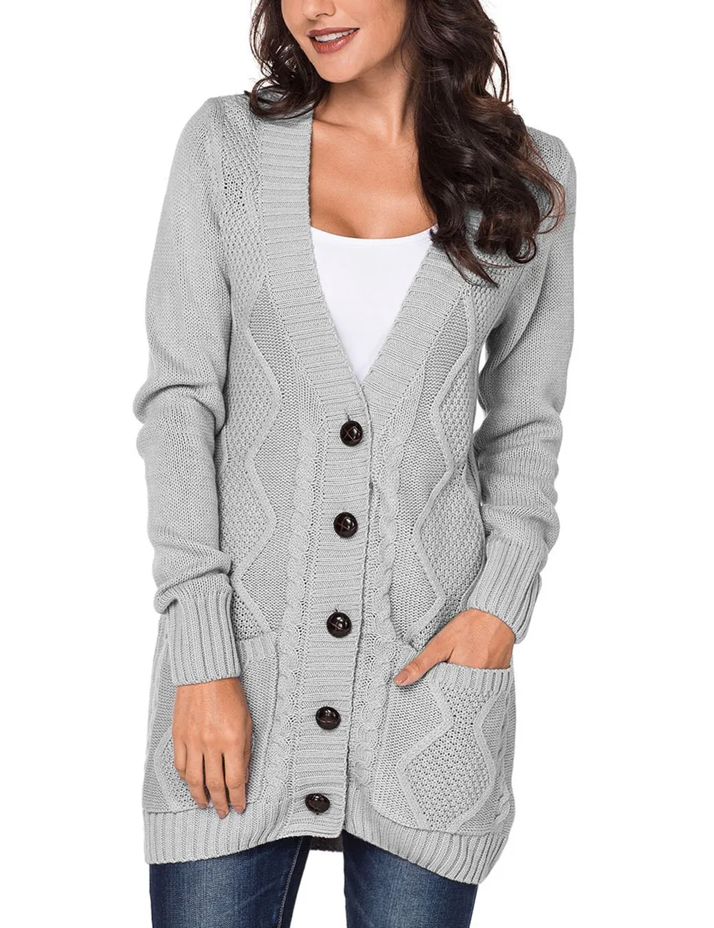 luvamia Womens Long Sleeve Open Front Buttons Cable Knit Pocket Sweater Cardigan