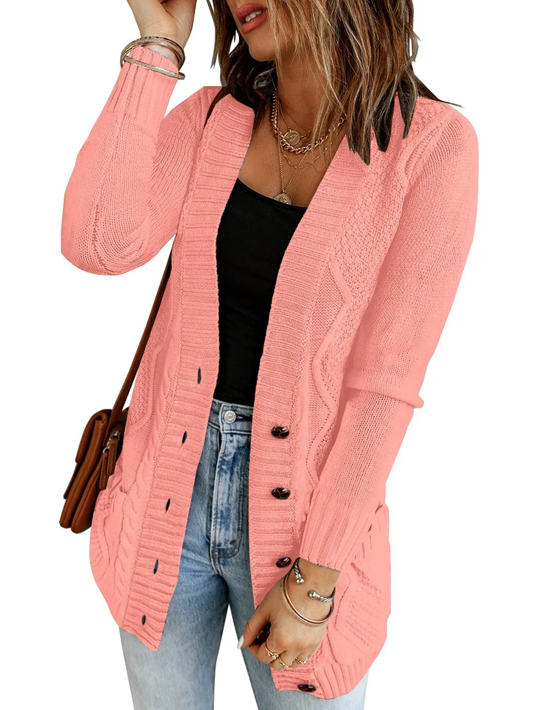 luvamia Womens Long Sleeve Open Front Buttons Cable Knit Pocket Sweater Cardigan