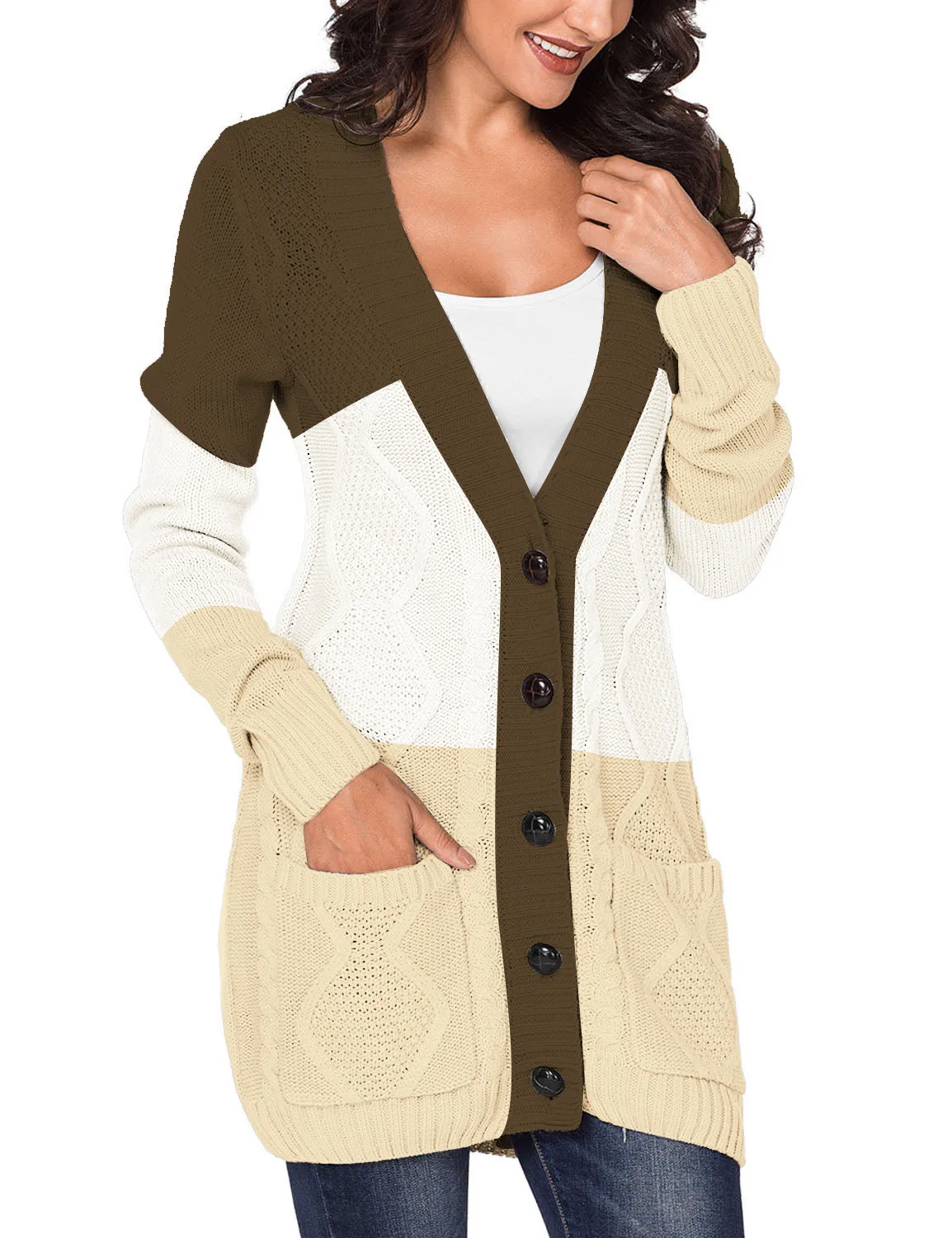 luvamia Womens Long Sleeve Open Front Buttons Cable Knit Pocket Sweater Cardigan