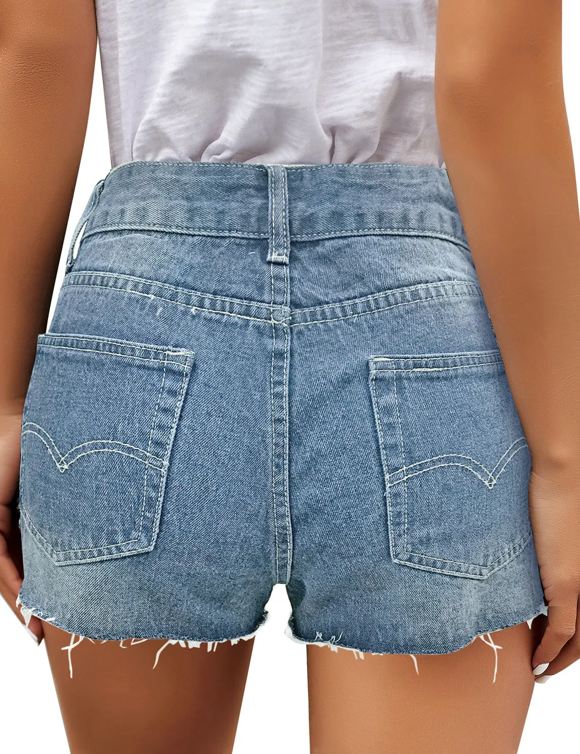 luvamia Women's Mid Rise Ripped Denim Shorts Frayed Raw Hem Casual Jeans Shorts