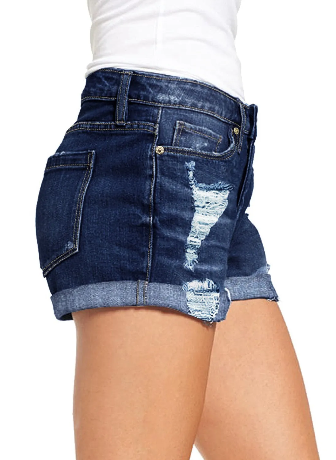 luvamia Women's Ripped Denim Jean Shorts Mid Rise Stretchy Folded Hem Short Jeans