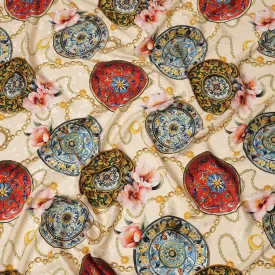 Luxurious Italian Silk Satin Fabric with Vintage Floral Medallion Design, Beige Background – 150 cm Width-D20328