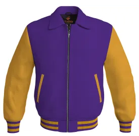 Luxury Bomber Classic Jacket Purple Body and Golden Leather Sleeves