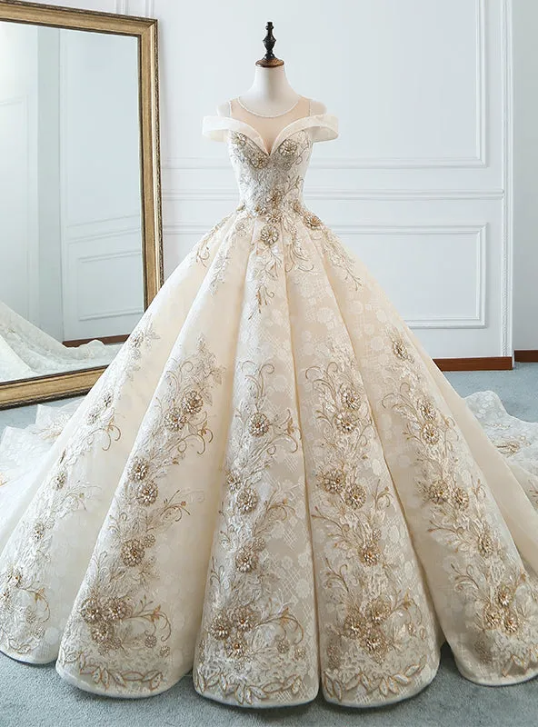 Luxury Champagne Ball Gown Appliques Long Train Wedding Dress