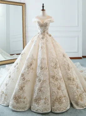 Luxury Champagne Ball Gown Appliques Long Train Wedding Dress