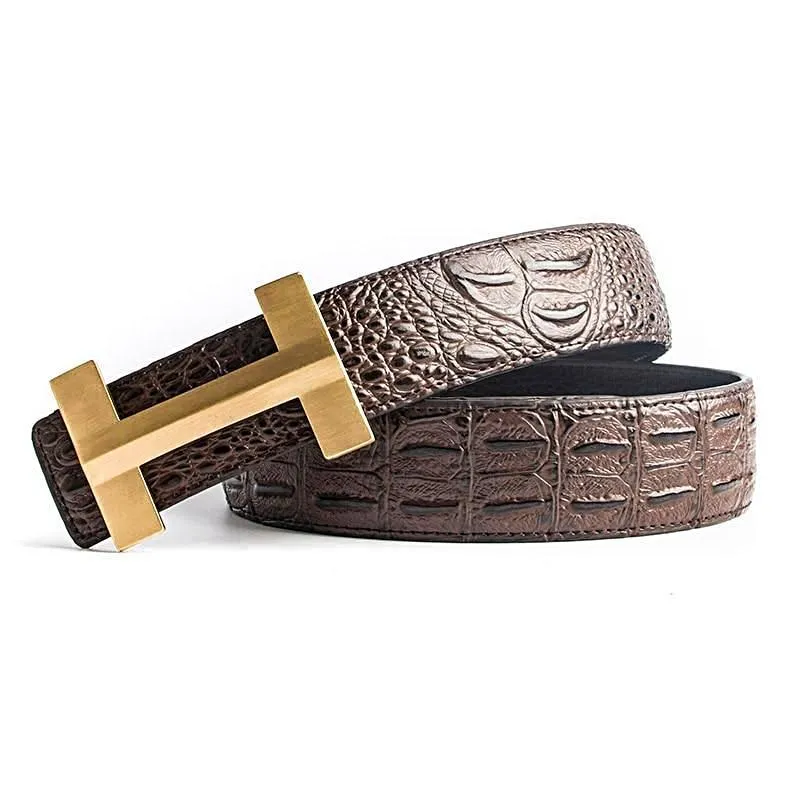 Luxury Crocodile Pattern Brass Buckle Leather Belt