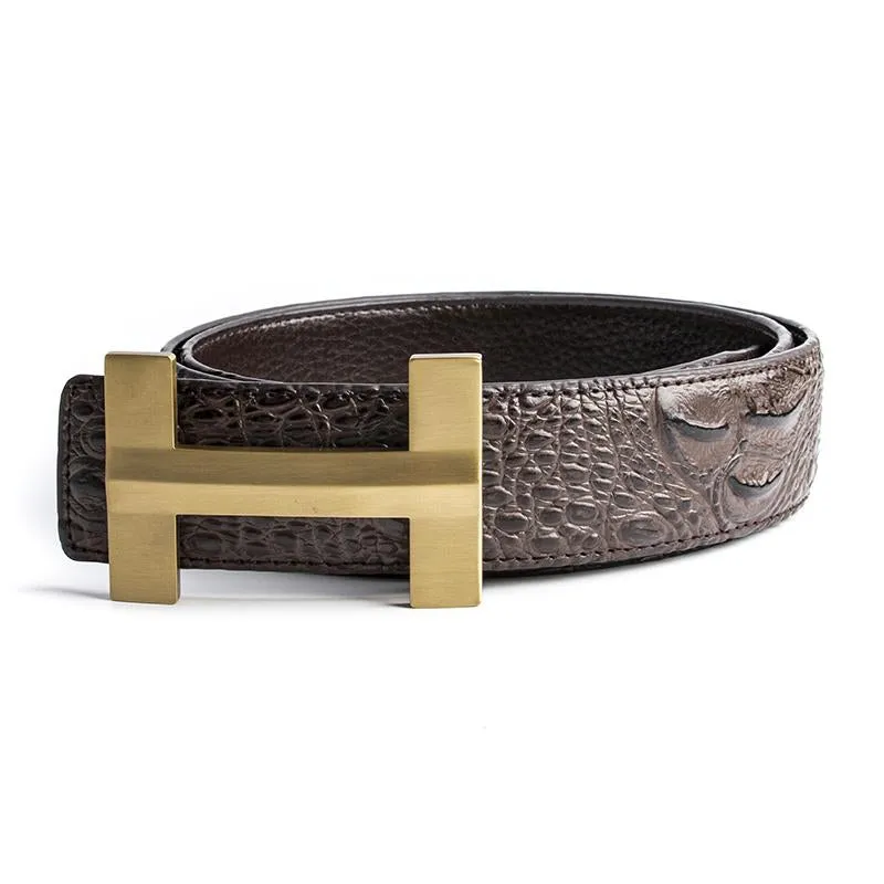 Luxury Crocodile Pattern Brass Buckle Leather Belt