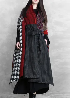 Luxury floral Woolen Coat Women Loose fitting v neck patchwork tie waist maxi coat