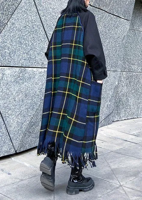 Luxury Loose fitting Jackets & Coats patchwork coat blue plaid tassel woolen outwear