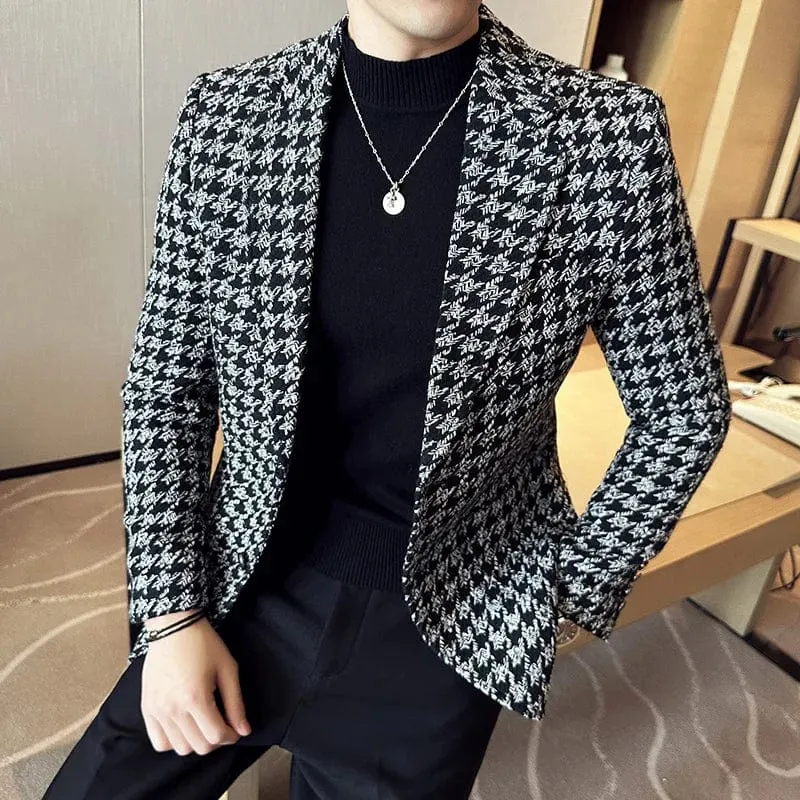 Luxury Men's Blazer Thick Plaid Slim Fit High Quality Suit Jacket