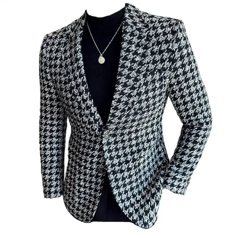 Luxury Men's Blazer Thick Plaid Slim Fit High Quality Suit Jacket